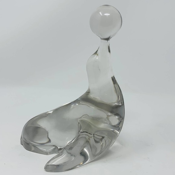 Vintage New Martinsville Clear Glass Seal Sea Lion Ball Bookend Paperweight 7.5" - Picture 1 of 7